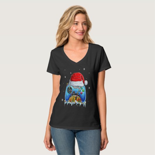 Video Game Controller Christmas Santa Hat Gamer Bo Tシャツ (正面フル)