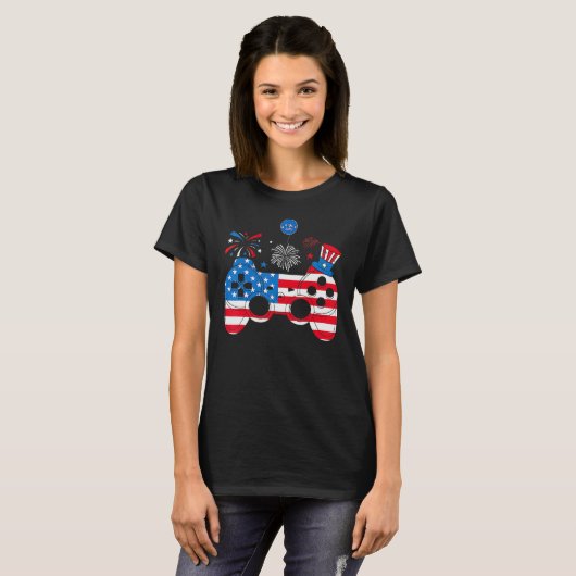 Video Game Controller Happy 4th Of July US America Tシャツ (正面フル)