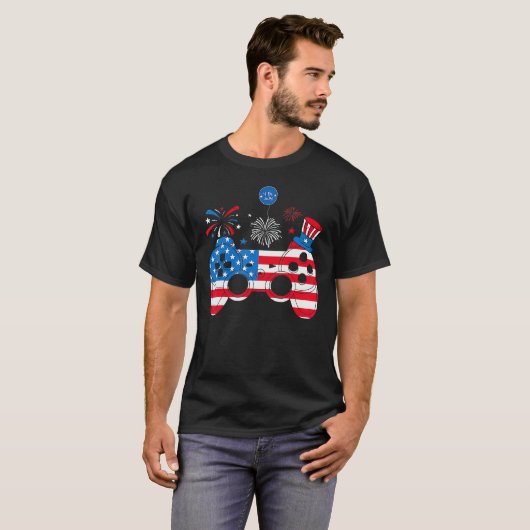 Video Game Controller Happy 4th Of July US America Tシャツ (正面フル)