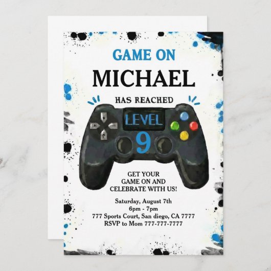 Video Game Level up Gamer Birthday 招待状 (正面/裏面)