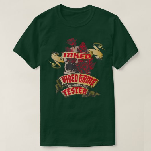 Video Game Tester Inked Skull & Red Roses Tattoo Tシャツ (デザイン正面)