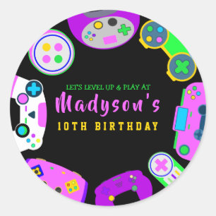 VIDEO GAMER GAMING GIRL Birthday Partyへの招待 ラウンドシール