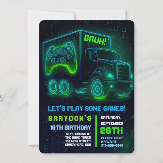 VIDEO GAMER TRUCK GAMING Birthday Party Invitation 招待状 (正面)