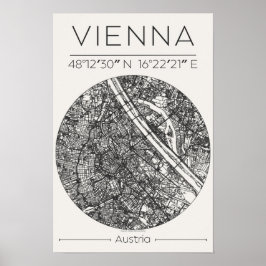 Vienna City Map Poster – Charcoal Minimal Wall Art ポスター