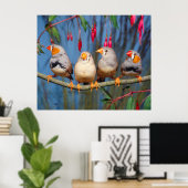 vier Zebrafinken nebeneinander auf Ast sitzend ポスター (ホームオフィス)