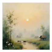 Vietnamese Morning Mist Village Watercolor Art ポスター (正面)