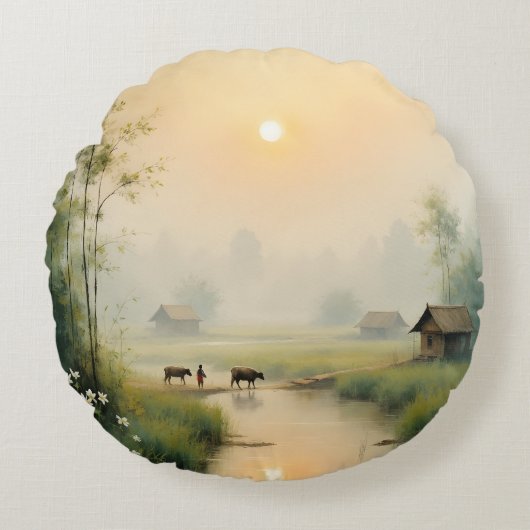 Vietnamese Morning Mist Village Watercolor Art ラウンドクッション (正面)