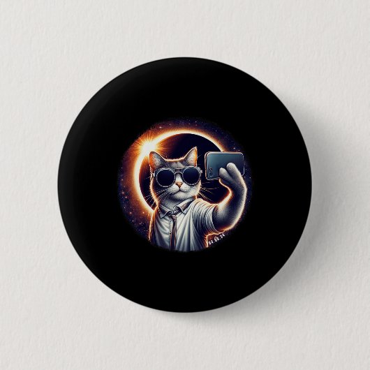 View American Totality 2024 おもしろい Selfie Cat 太陽の 缶バッジ (正面)