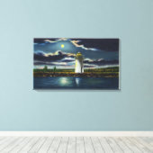 View of Lake Cobbosseecontee Light house at Night キャンバスプリント (インサイチュ (ウッドフロア))