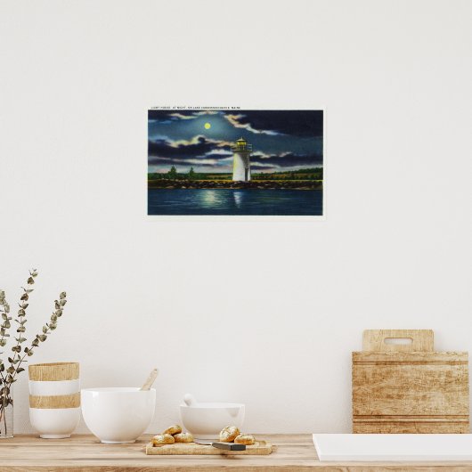 View of Lake Cobbosseecontee Light house at Night ポスター (キッチン)