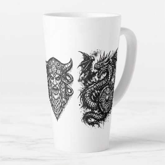 Viking, Dragon & Shield Maiden – Nordic Mythic Ink カフェラテマグ (右アングル)