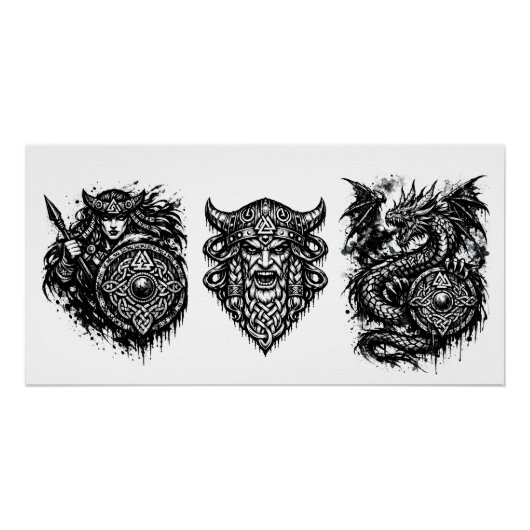 Viking, Dragon & Shield Maiden – Nordic Mythic Ink ポスター (正面)