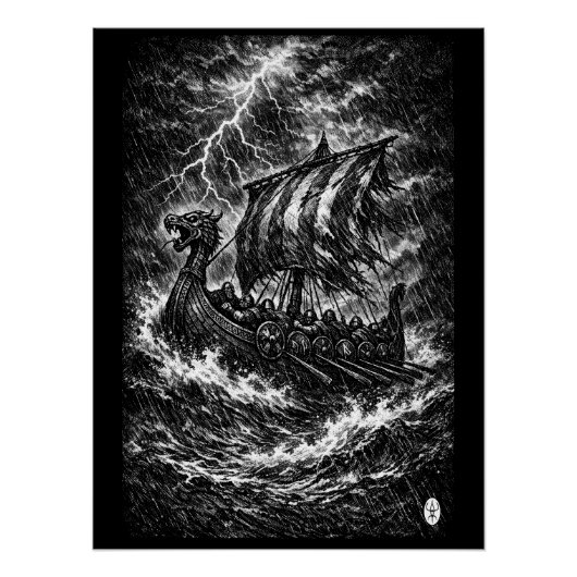 Viking Longship in the Storm — Ink Saga Art ポスター (正面)