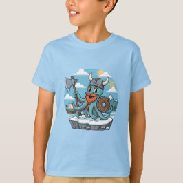 Viking Octopus Cartoon Funny Boys | Girls Skyblue Tシャツ