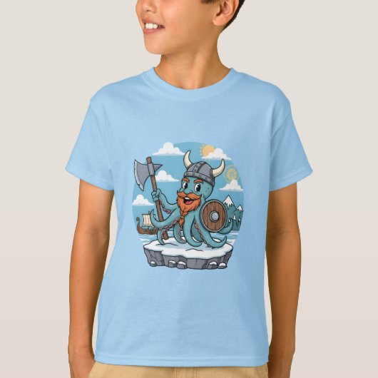 Viking Octopus Cartoon Funny Boys | Girls Skyblue Tシャツ (正面)