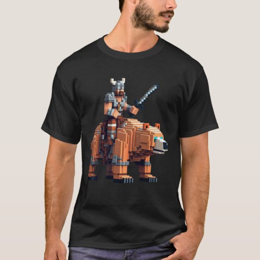 Viking Riding Bear Block Style Pixel Art Gamer Gra Tシャツ (正面)