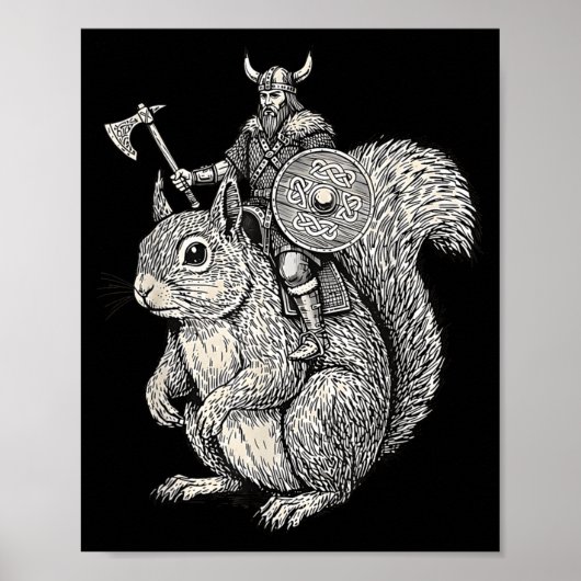 Viking Riding Squirrel Funny Warrior Art ポスター (正面)
