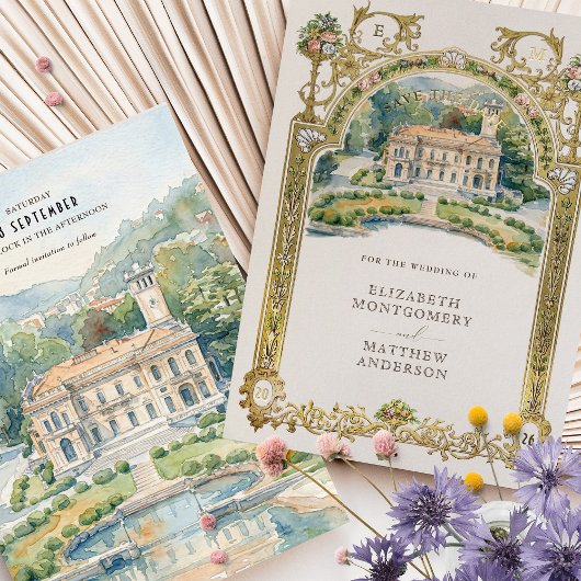 Villa Erba Lake Como Watercolor Wedding 箔招待状