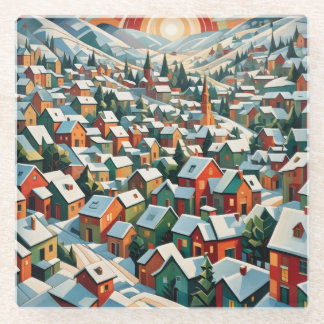 village d'hiver sous la neige vintage ガラスコースター