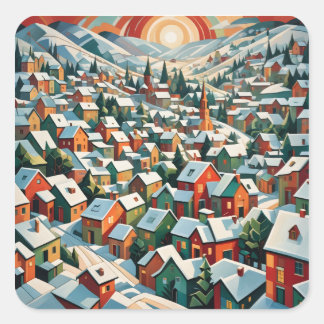 village d'hiver sous la neige vintage スクエアシール