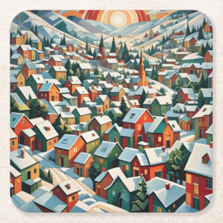 village d'hiver sous la neige vintage スクエアペーパーコースター