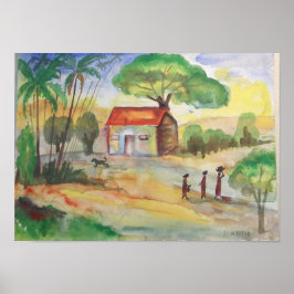 Village Landscape Watercolor – Rural Wall Art ポスター
