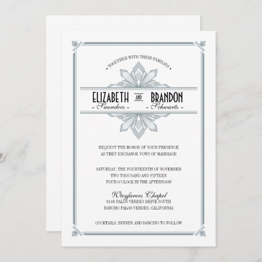 Vinatge Decoの銀及び黒い結婚式招待状 招待状 (正面/裏面)