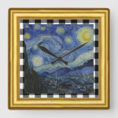 Vincent Van 市松模様にゴッホ、Starry Night Framed、 スクエア壁時計 (正面)