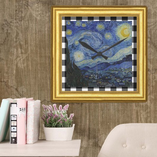 Vincent Van 市松模様にゴッホ、Starry Night Framed、 スクエア壁時計