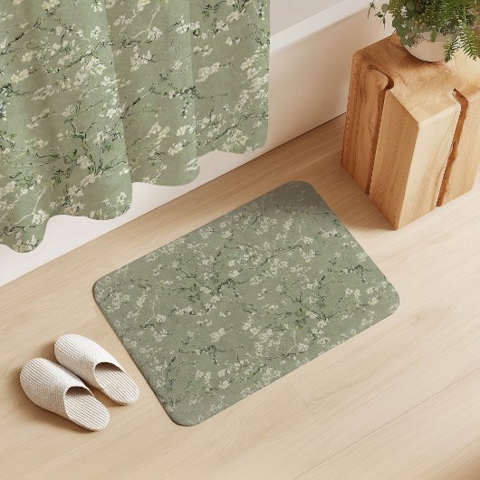 Vincent Van Gogh Almond Blossom on Sage Green バスマット