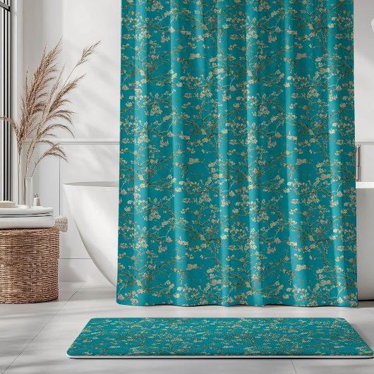 Vincent Van Gogh Almond Blossom on Teal Blue シャワーカーテン