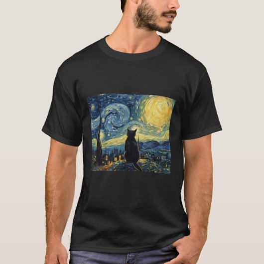 Vincent Van Gogh Inspired Starry Night Kitten Silh Tシャツ (正面)