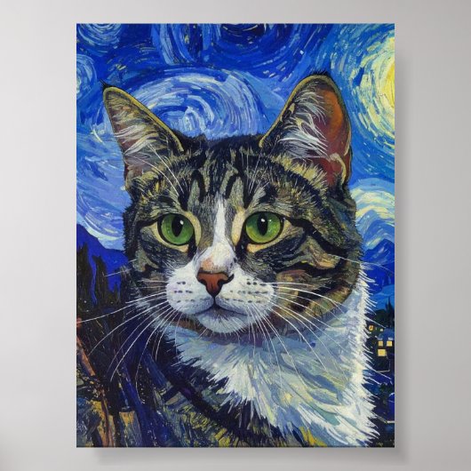 Vincent Van Gogh Starry Night Cat Portrait ポスター (正面)