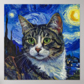 Vincent Van Gogh Starry Night Cat Portrait Poster ポスター (正面)