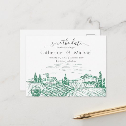 Vineyardエレガント Wedding Save the Date 案内ポストカード (正面/裏面インサイチュ)