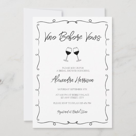 Vino Before Vows手描き聖書ブライダルシャワー 招待状 (正面)