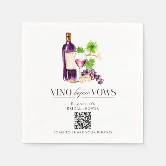 Vino Before Vows ブライダルシャワー QRコード フォト共有 スタンダードカクテルナプキン (正面)