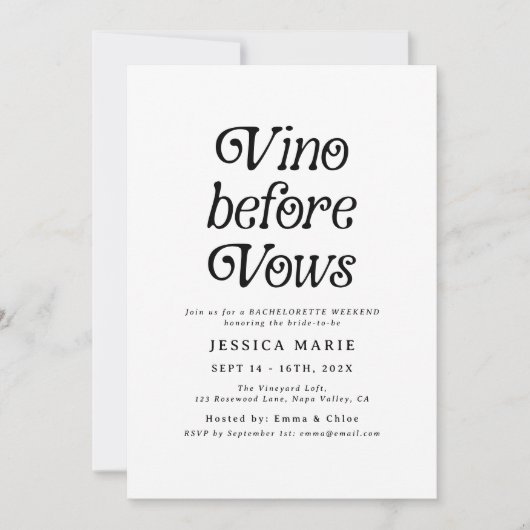 Vino Before Vows | レトロなバチェラー・パーティーの最小限のデザイン 招待状 (正面)