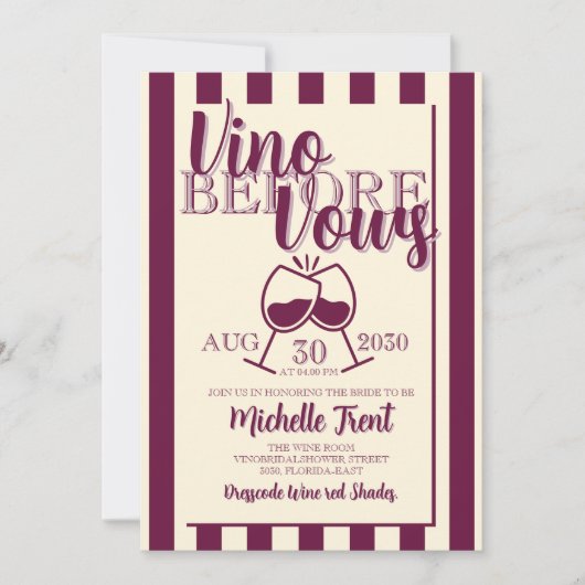 Vino Before Vows Bachelorette Party Wine Theme 招待状 (正面)