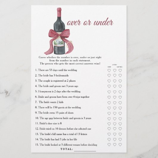 Vino before Vows Bridal shower Over or under game (正面)