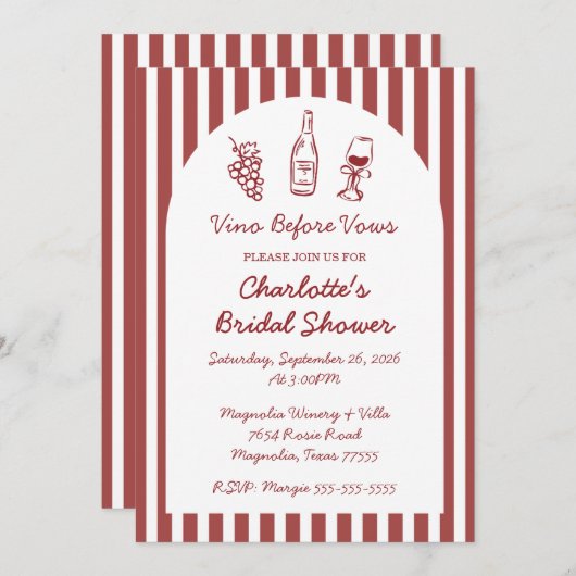 Vino Before Vows Burgundy Bridal Shower 招待状 (正面/裏面)