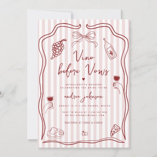 Vino Before Vows Hand Drawn Bachelorette Weekend 招待状 (正面)