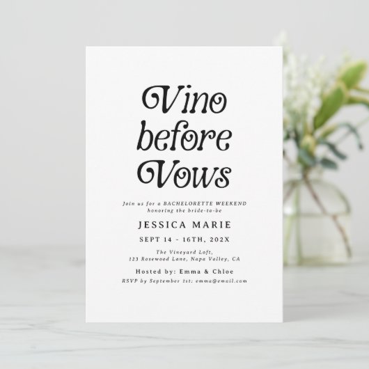 Vino Before Vows | Minimal Retro Bachelorette 招待状 (スタンド正面)