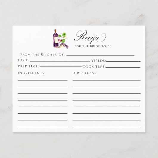 Vino Before Vows Recipe Card Bridal Shower Insert (正面)