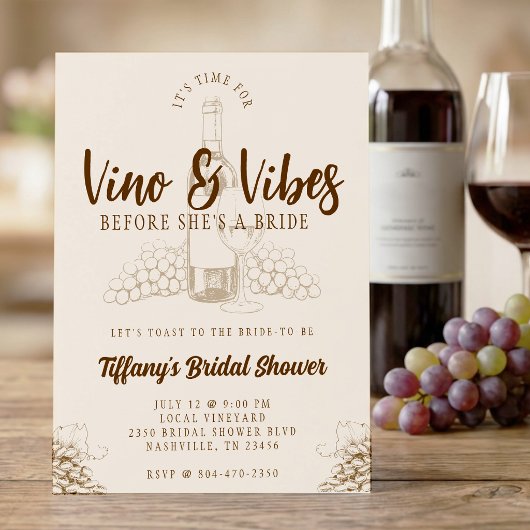 Vino & Vibes ブラウン・ブライダルシャワー 招待状