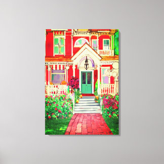 Vintae Red Victorian House Trees Flowers キャンバスプリント