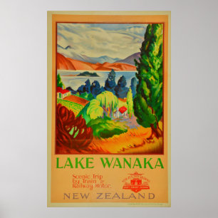 vintage湖のWanakaニュージーランド旅行 ポスター