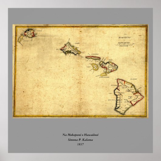 Vintage 1837 Hawaii Map - Hawaiian Islands ポスター (正面)