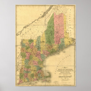 Vintage 1839 New England Map ポスター