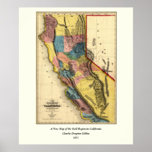 Vintage 1851 California Gold Region State Map ポスター